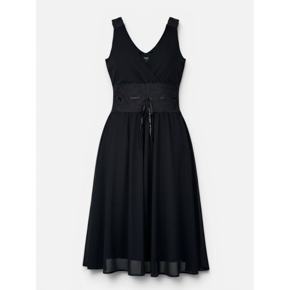 00s Esprit Collection Chiffon Lace Midi Dress Size 6 Black V Neck Lined Cocktail